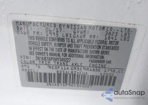 2017 Nissan Sentra S z USA, uszkodzony, nr VIN 3N1AB7AP9HY345227